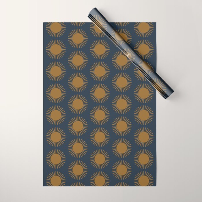 Boho Summer Sun Pattern VII Navy Blue Burnt Orange Wrapping Paper Gallery Image 1