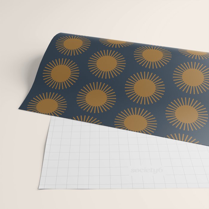 Boho Summer Sun Pattern VII Navy Blue Burnt Orange Wrapping Paper Gallery Image 2