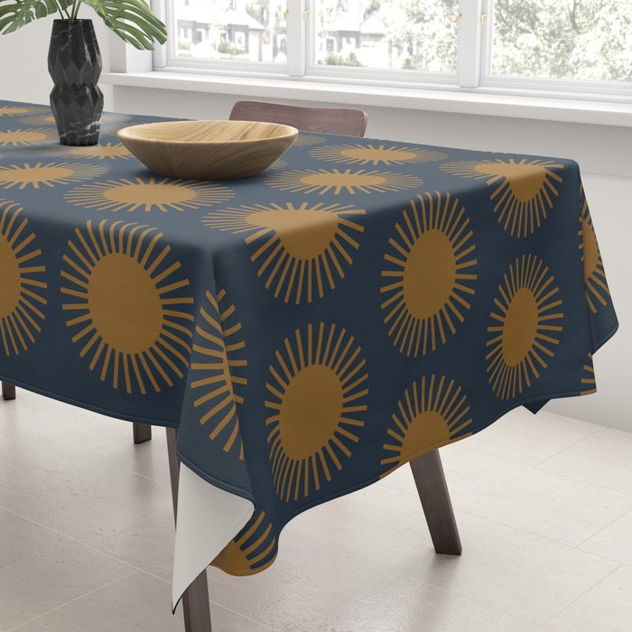 Boho Summer Sun Pattern VII Navy Blue Burnt Orange Tablecloth Gallery Image 3