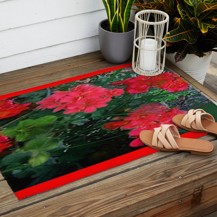 RED GERANIUMS GREEN GARDEN ART Outdoor Rug Gallery Image 2