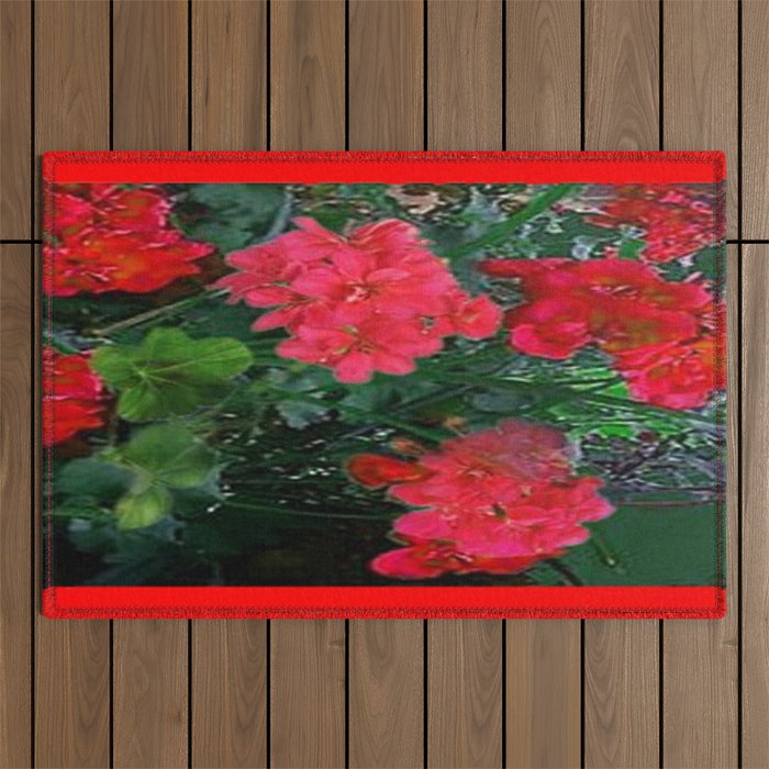 RED GERANIUMS GREEN GARDEN ART Outdoor Rug Gallery Image 1