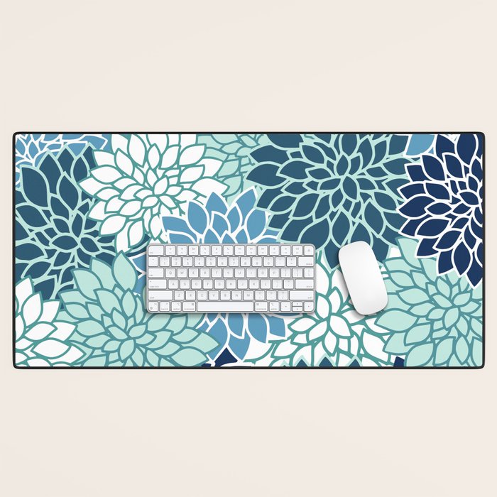 Dahlia Floral Blooms, Teal, Blue White Desk Mat Gallery Image 1