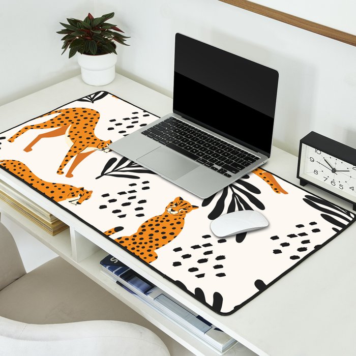 Cheetahs pattern on white Desk Mat Gallery Image 2