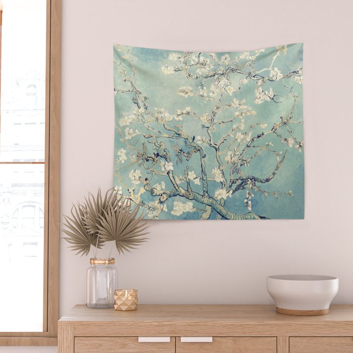 Van Gogh Almond Blossoms Muted Teal Cream Wall Tapestry Gallery Image 2