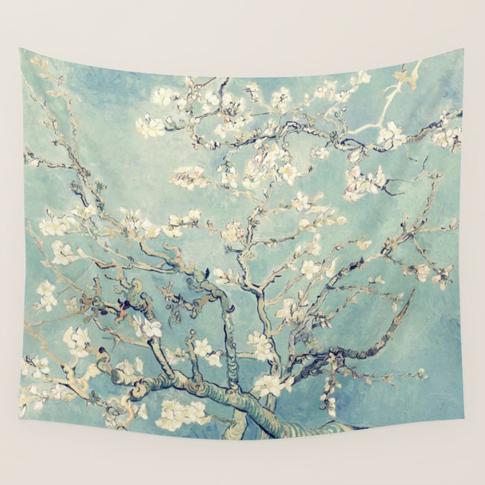 Van Gogh Almond Blossoms Muted Teal Cream Wall Tapestry Gallery Image 1