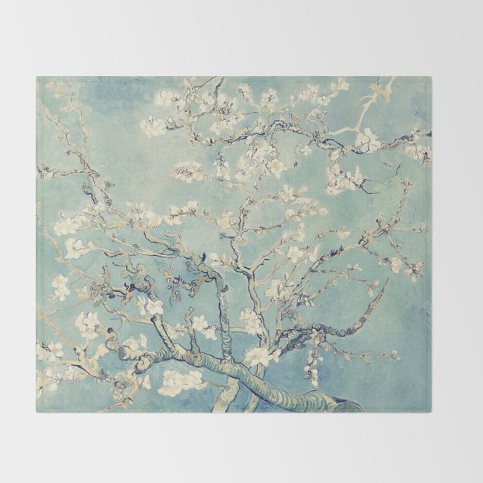 Van Gogh Almond Blossoms Muted Teal Cream Throw Blanket Gallery Image 2