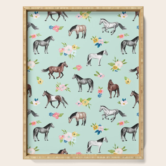 Horses and Small Flowers, Mint Blue, Horse Decor, Floral Print, Horse Art Serving Tray Gallery Image 1