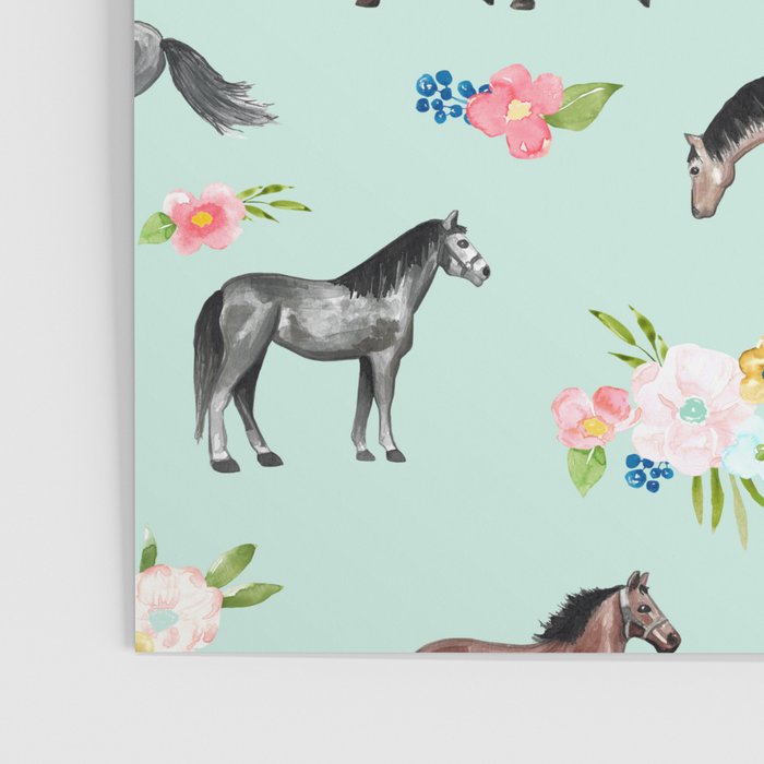Horses and Small Flowers, Mint Blue, Horse Decor, Floral Print, Horse Art Poster Gallery Image 3