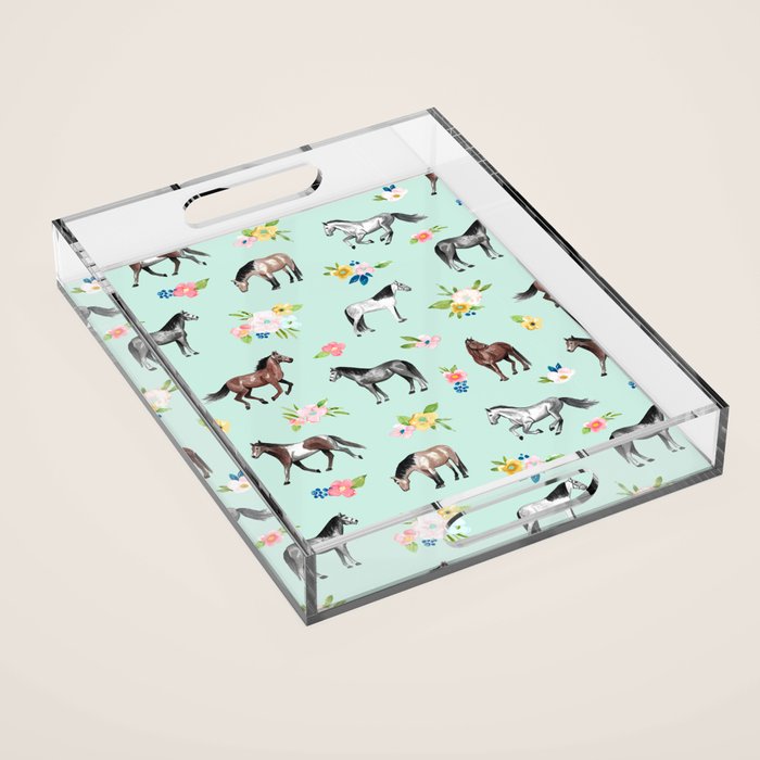 Horses and Small Flowers, Mint Blue, Horse Decor, Floral Print, Horse Art Acrylic Tray Gallery Image 1