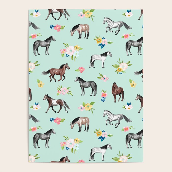 Horses and Small Flowers, Mint Blue, Horse Decor, Floral Print, Horse Art Poster Gallery Image 4