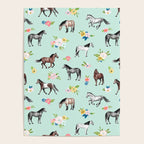 Horses and Small Flowers, Mint Blue, Horse Decor, Floral Print, Horse Art Poster Gallery Image 4