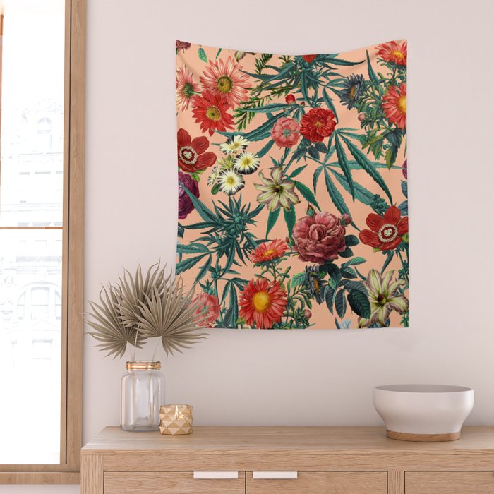 Marijuana and Floral Pattern Wall Tapestry Gallery Image 2