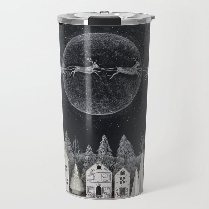 Christmas Village Chalkboard Santa & Reindeer Travel Mug Gallery Image 1