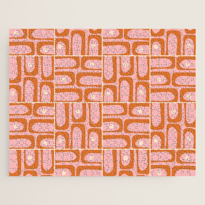 Mid Century Modern Piquet Multi Geometric Tiled Pattern Blush Pink Orange Cream Jigsaw Puzzle Gallery Image 1