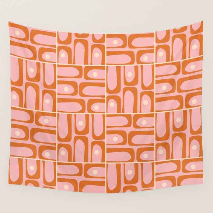 Mid Century Modern Piquet Multi Geometric Tiled Pattern Blush Pink Orange Cream Wall Tapestry Gallery Image 4