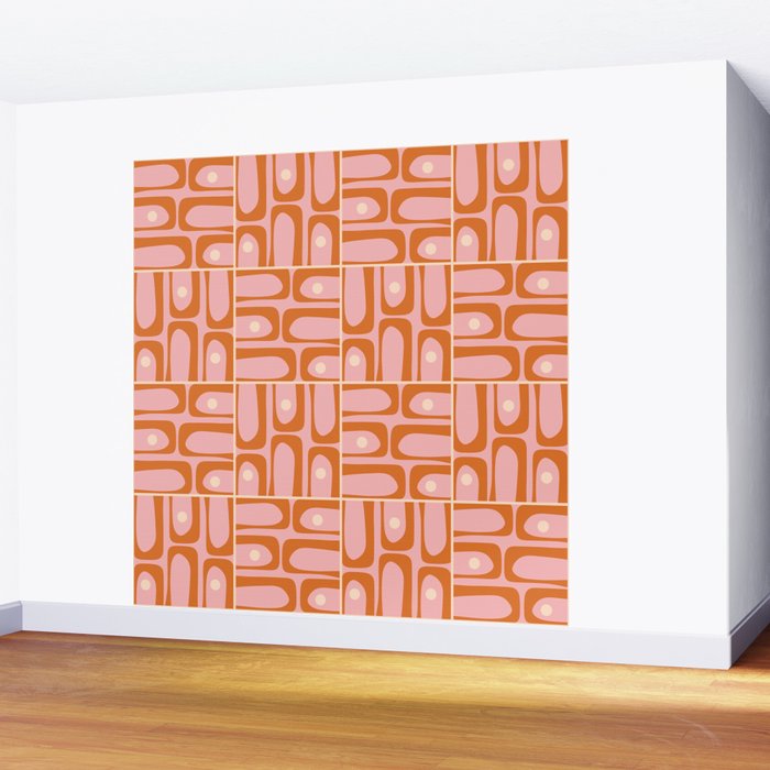 Mid Century Modern Piquet Multi Geometric Tiled Pattern Blush Pink Orange Cream Wall Mural Gallery Image 2