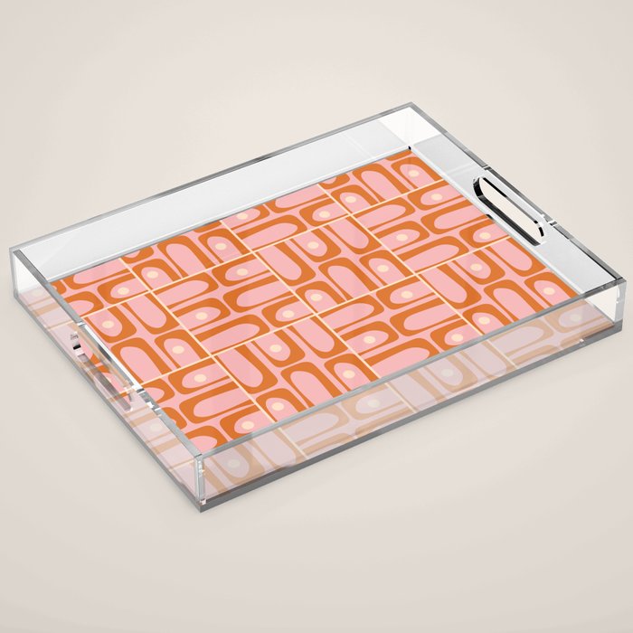 Mid Century Modern Piquet Multi Geometric Tiled Pattern Blush Pink Orange Cream Acrylic Tray Gallery Image 1