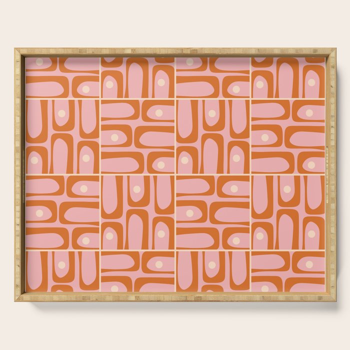 Mid Century Modern Piquet Multi Geometric Tiled Pattern Blush Pink Orange Cream Serving Tray Gallery Image 1