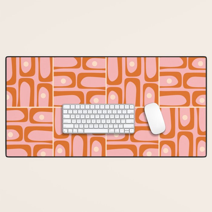Mid Century Modern Piquet Multi Geometric Tiled Pattern Blush Pink Orange Cream Desk Mat Gallery Image 1