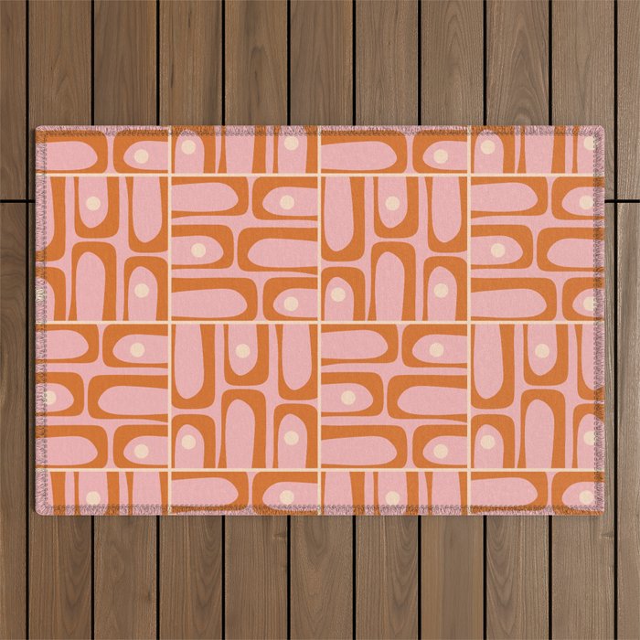 Mid Century Modern Piquet Multi Geometric Tiled Pattern Blush Pink Orange Cream Outdoor Rug Gallery Image 1