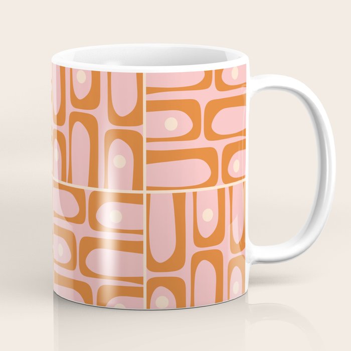 Mid Century Modern Piquet Multi Geometric Tiled Pattern Blush Pink Orange Cream Coffee Mug Gallery Image 1