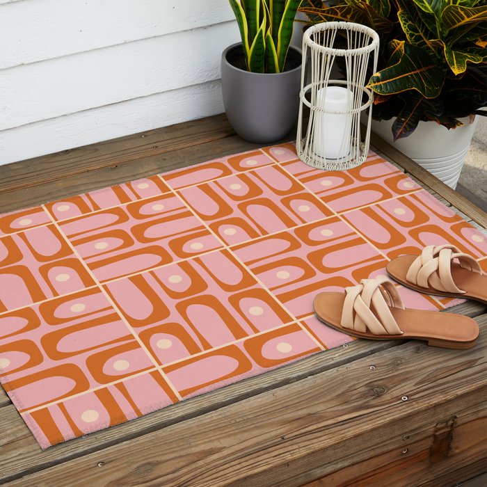 Mid Century Modern Piquet Multi Geometric Tiled Pattern Blush Pink Orange Cream Outdoor Rug Gallery Image 2