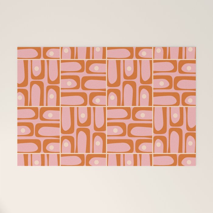 Mid Century Modern Piquet Multi Geometric Tiled Pattern Blush Pink Orange Cream Welcome Mat Gallery Image 1