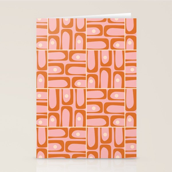 Mid Century Modern Piquet Multi Geometric Tiled Pattern Blush Pink Orange Cream Stationery Card Gallery Image 2