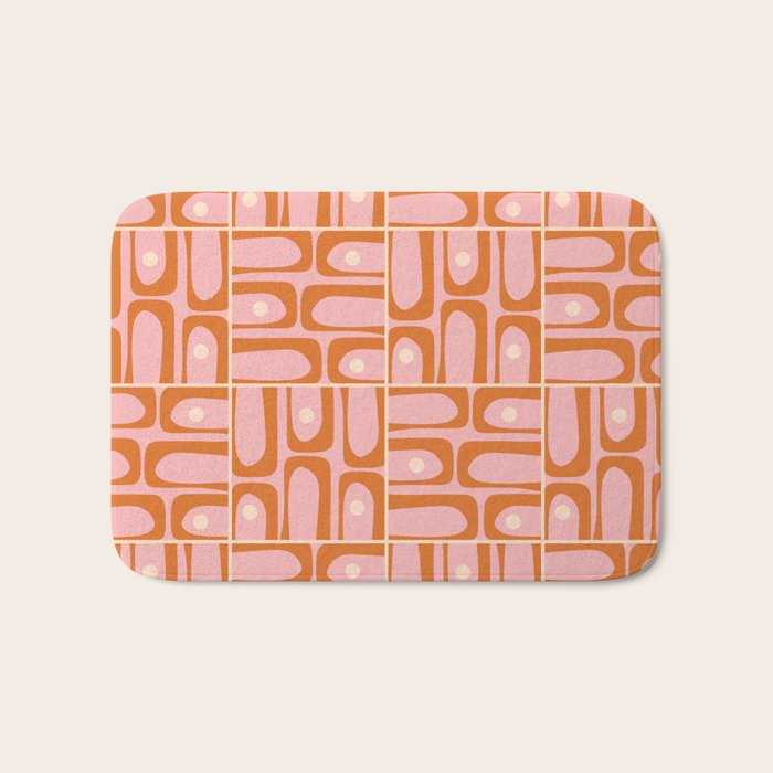 Mid Century Modern Piquet Multi Geometric Tiled Pattern Blush Pink Orange Cream Bath Mat Gallery Image 1