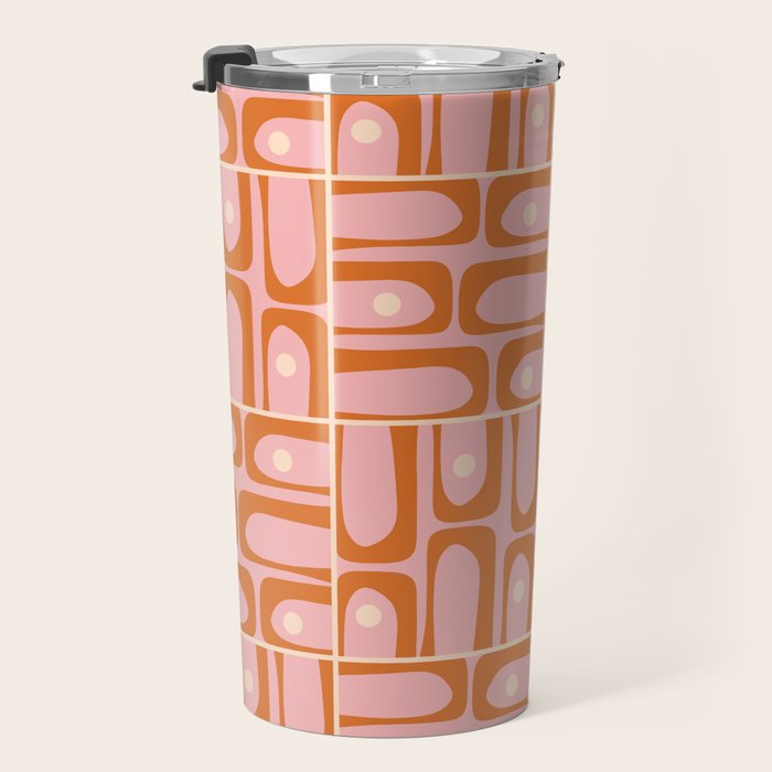 Mid Century Modern Piquet Multi Geometric Tiled Pattern Blush Pink Orange Cream Travel Mug Gallery Image 3