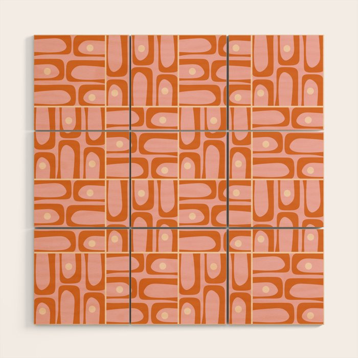 Mid Century Modern Piquet Multi Geometric Tiled Pattern Blush Pink Orange Cream Wood Wall Art Gallery Image 1