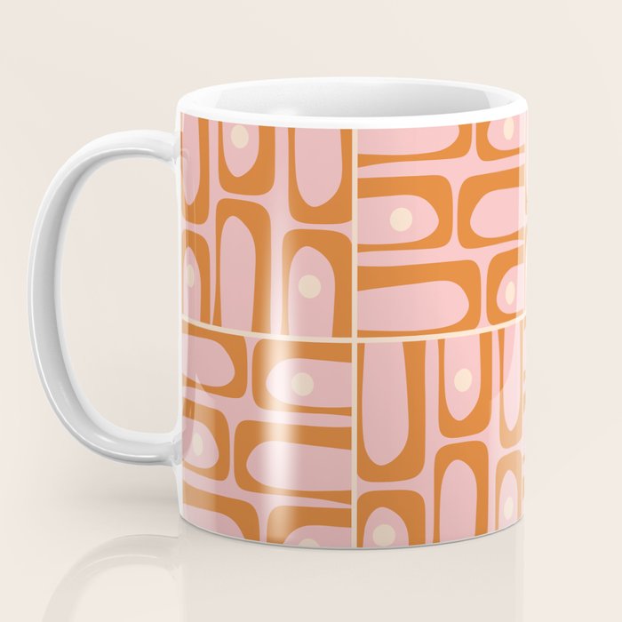 Mid Century Modern Piquet Multi Geometric Tiled Pattern Blush Pink Orange Cream Coffee Mug Gallery Image 3