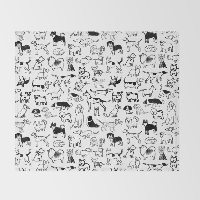Black and White Dog Drawings | Cute Dog Breeds Pattern Throw Blanket Gallery Image 2
