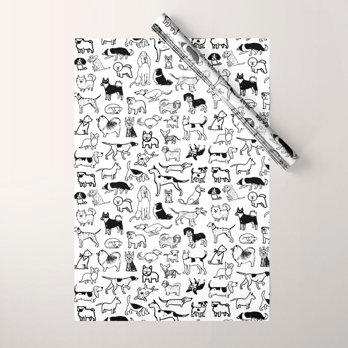 Black and White Dog Drawings | Cute Dog Breeds Pattern Wrapping Paper Gallery Image 1