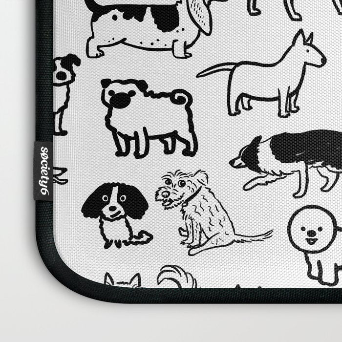 Black and White Dog Drawings | Cute Dog Breeds Pattern Laptop Sleeve Gallery Image 3