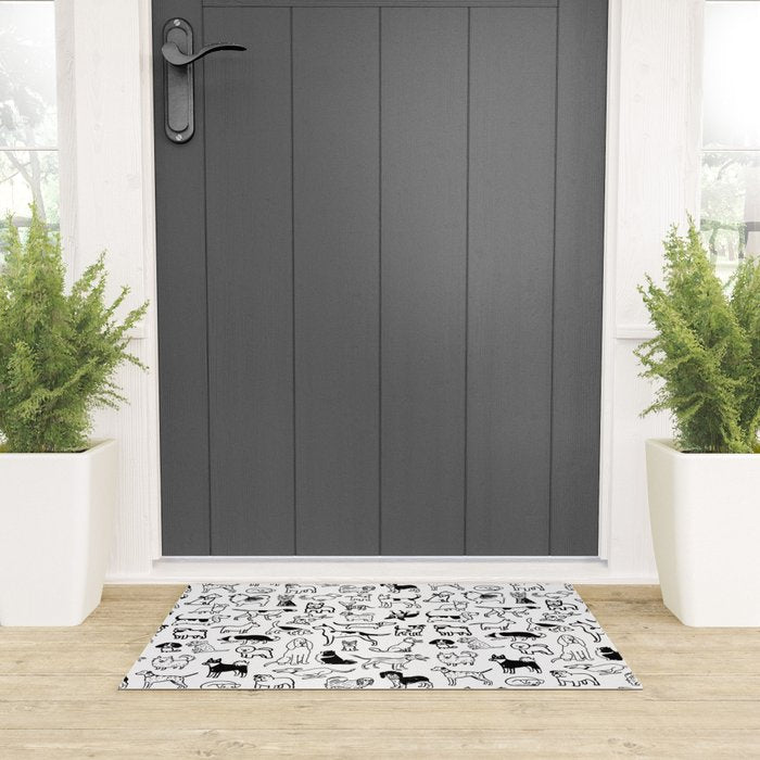 Black and White Dog Drawings | Cute Dog Breeds Pattern Welcome Mat Gallery Image 3