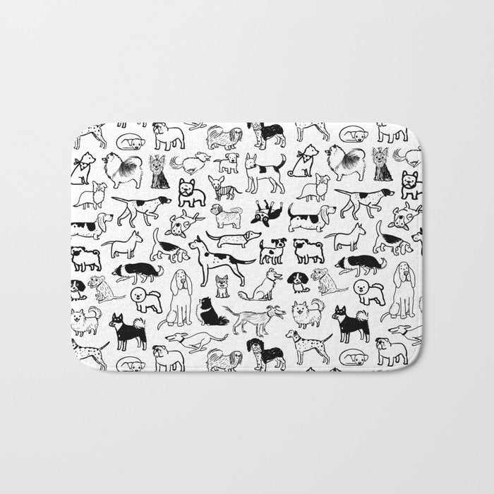Black and White Dog Drawings | Cute Dog Breeds Pattern Bath Mat Gallery Image 1