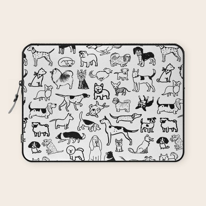 Black and White Dog Drawings | Cute Dog Breeds Pattern Laptop Sleeve Gallery Image 1