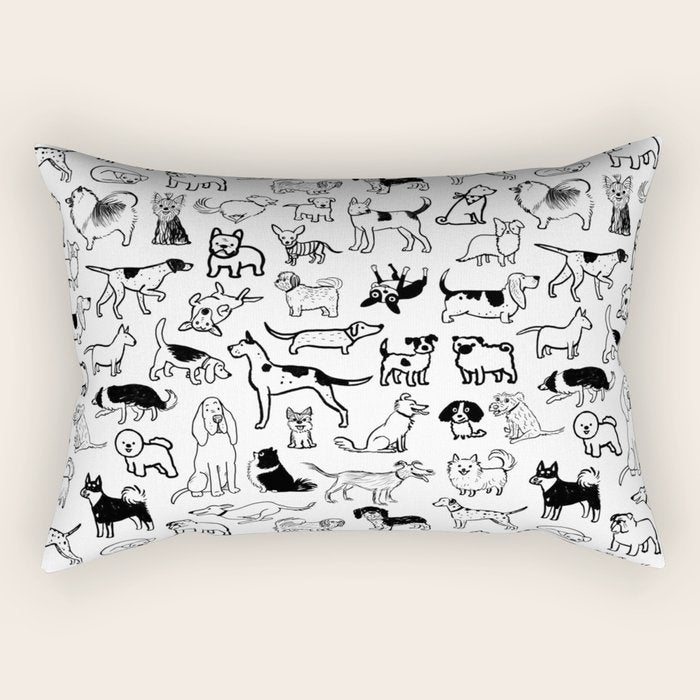Black and White Dog Drawings | Cute Dog Breeds Pattern Rectangular Pillow Gallery Image 1