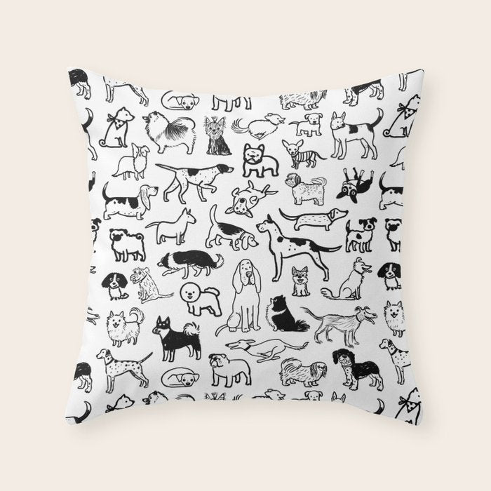 Black and White Dog Drawings | Cute Dog Breeds Pattern Throw Pillow Gallery Image 1
