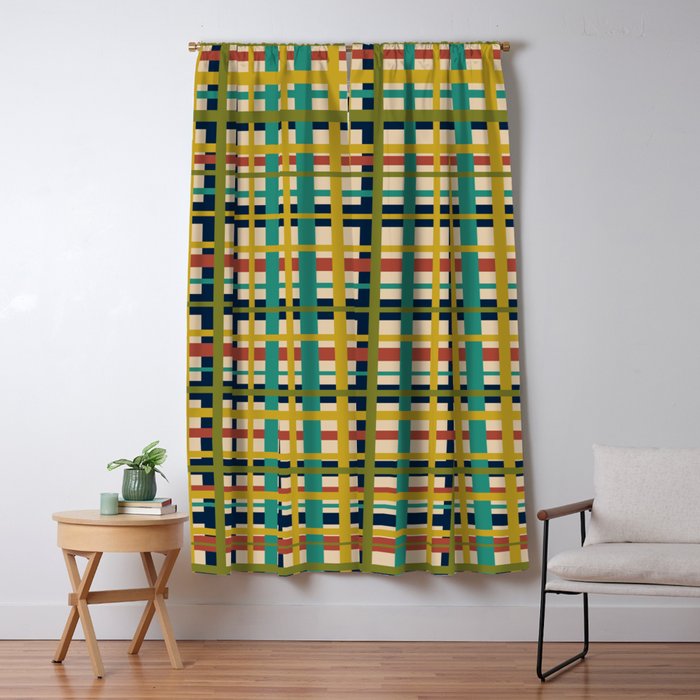 Midcentury Modern Colorful Retro Plaid Pattern Window Curtain Gallery Image 5
