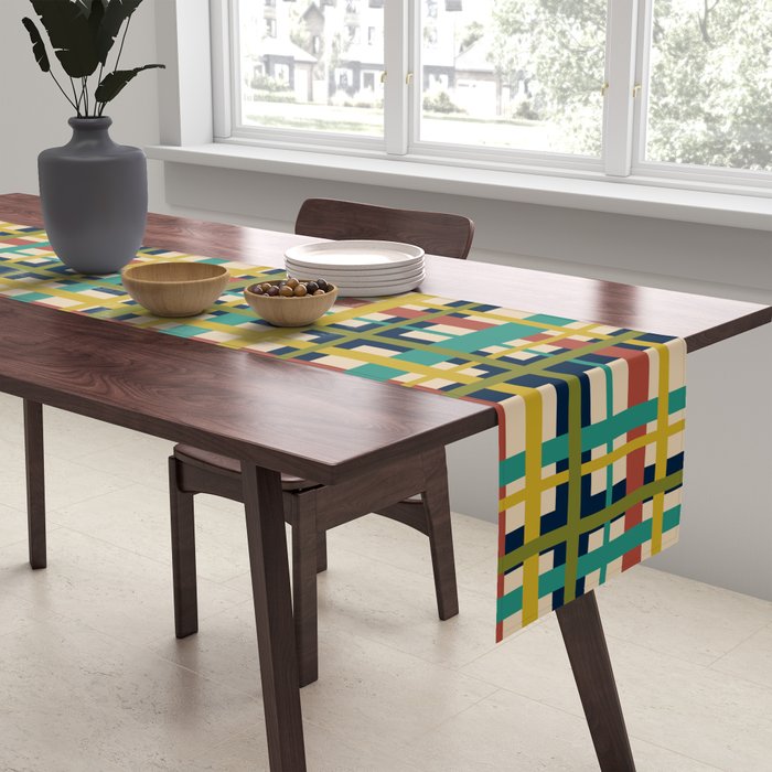 Midcentury Modern Colorful Retro Plaid Pattern Table Runner Gallery Image 2
