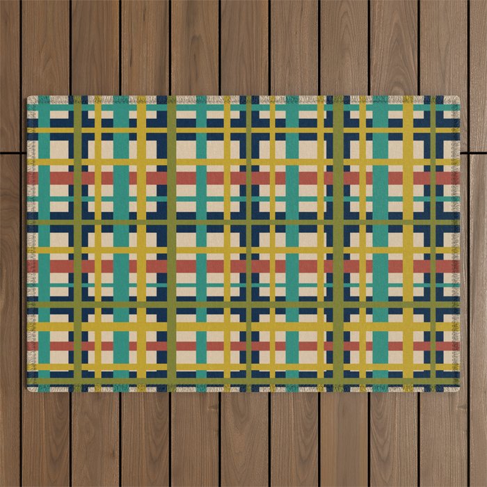 Midcentury Modern Colorful Retro Plaid Pattern Outdoor Rug Gallery Image 1