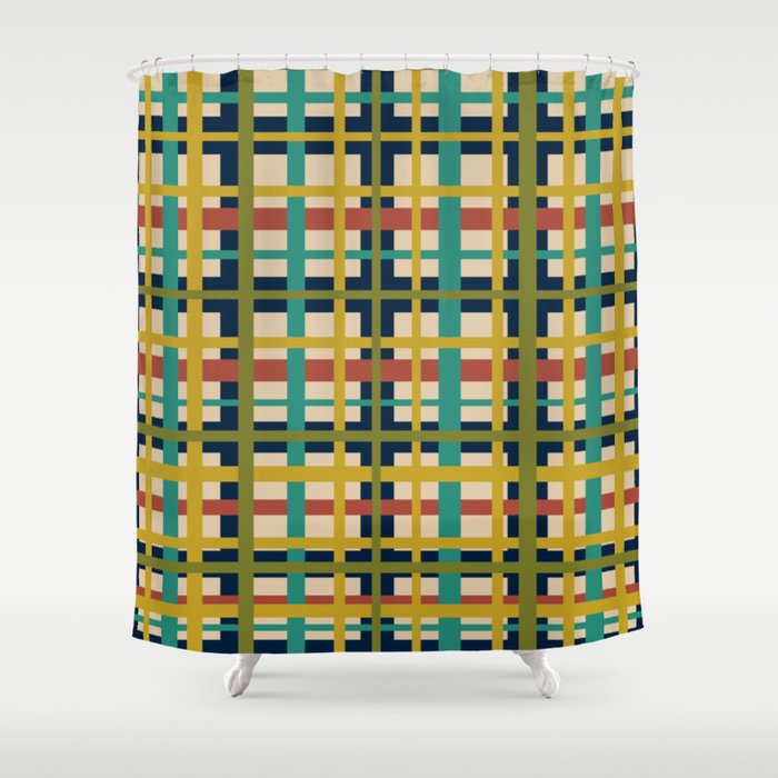 Midcentury Modern Colorful Retro Plaid Pattern Shower Curtain Gallery Image 1
