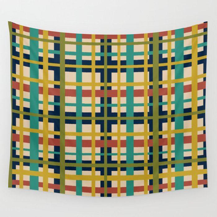Midcentury Modern Colorful Retro Plaid Pattern Wall Tapestry Gallery Image 4