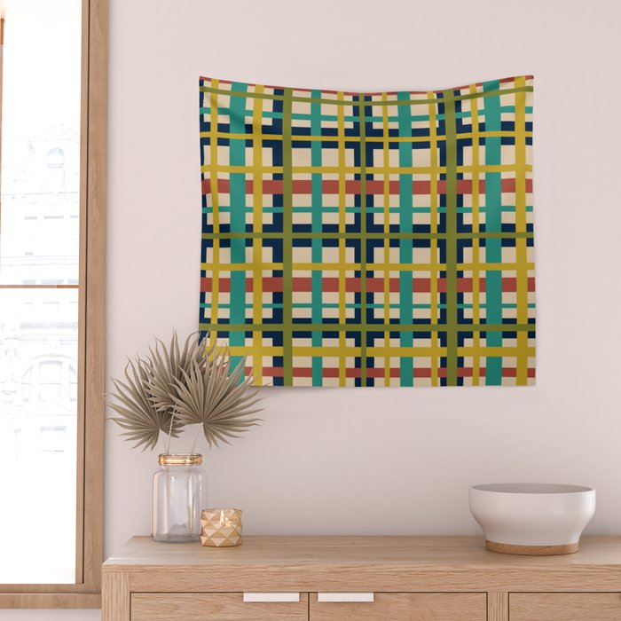 Midcentury Modern Colorful Retro Plaid Pattern Wall Tapestry Gallery Image 2