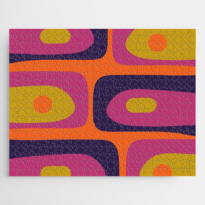 Mid-Century Modern Piquet Colorful Retro Abstract Orange Lime Avocado Blue Magenta Jigsaw Puzzle Gallery Image 1