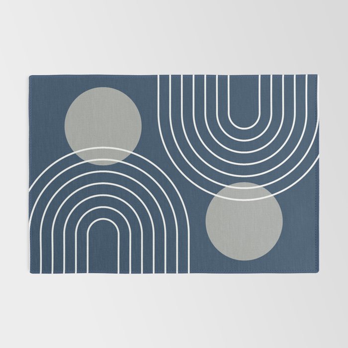 Mid Century Modern Geometric 106 in Navy Blue and Grey (Rainbow and Sun Abstraction) Rug Gallery Image 2
