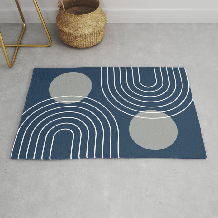 Mid Century Modern Geometric 106 in Navy Blue and Grey (Rainbow and Sun Abstraction) Rug Gallery Image 1