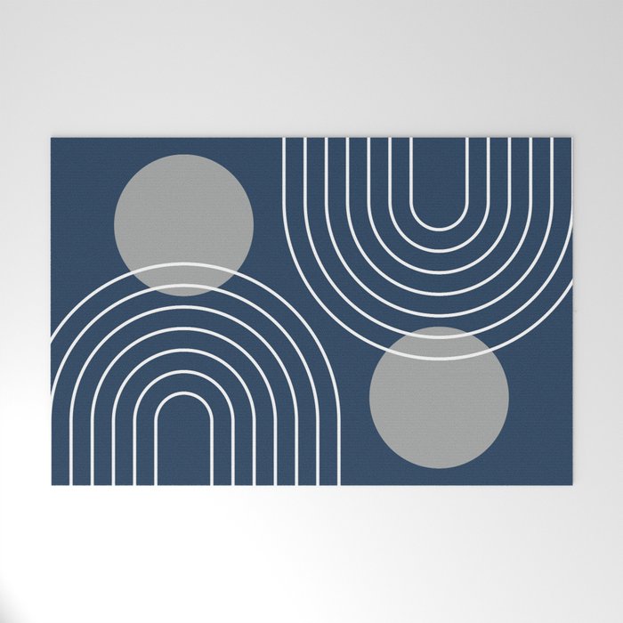 Mid Century Modern Geometric 106 in Navy Blue and Grey (Rainbow and Sun Abstraction) Welcome Mat Gallery Image 1